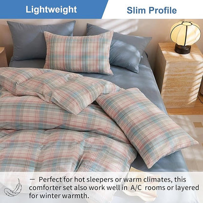 EAVD Vintage Style Blue and Pink Gingham Comforter Set Queen Blue Pink Grid Plaid Comforter Set with 2 Pillowcases Reversible Farmhouse Gingham Bedding Set for All-Season
