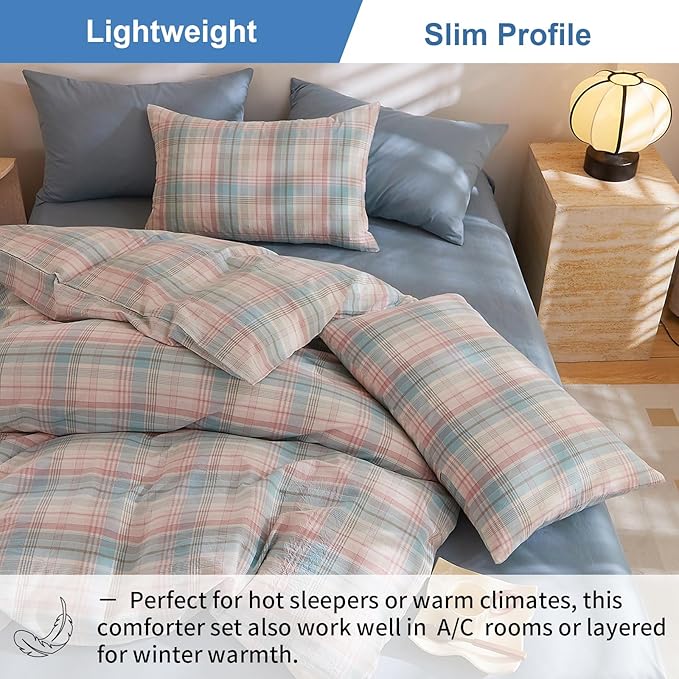 EAVD Vintage Style Gingham Comforter Set Full Blue&Pink Grid Plaid Comforter Set with 2 Pillowcases Reversible Farmhouse Gingham Bedding Set for All-Season Boho Grid Checkered Bedding Set