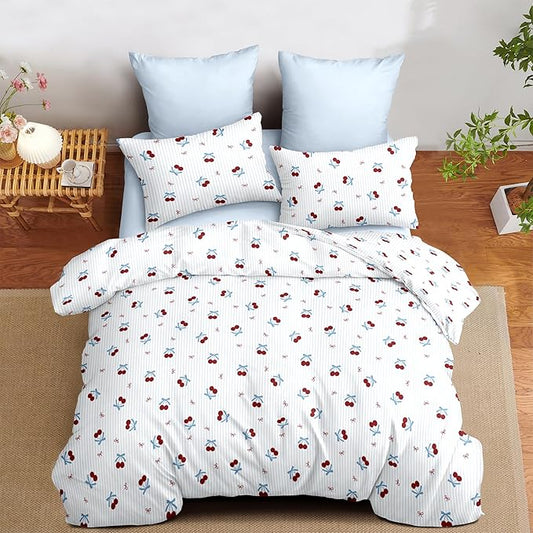 Nayoroom Blue Striped Bow Comforter Set Queen Size Red Cherry Comforter 3 Pieces Soft Lightweight Girls Cute Aesthetic Dorm Bedding Set for All Seasons