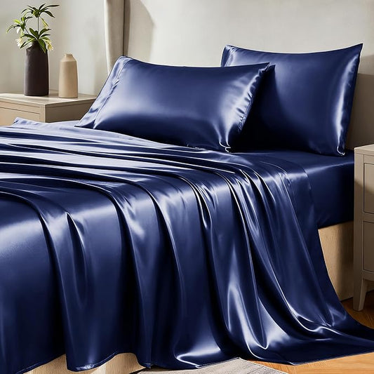 CozyLux Satin Sheets King Size Sheet Set - 4 Piece Silky King Sheets, Luxury Navy Blue King Bed Set with Smooth and Soft Microfiber, Includes 1 Fitted Sheet, 1 Flat Sheet and 2 Pillowcases