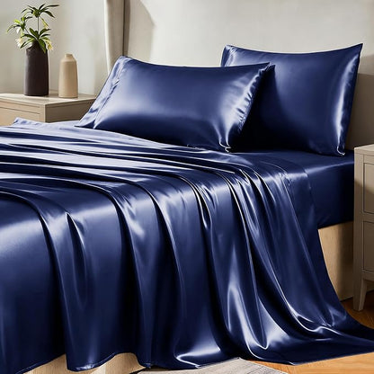 CozyLux Satin Sheets Twin Sheet Set - 3 Piece Silky Twin Bed Sheets, Luxury Navy Blue Sheet Twin Size Bed Set with Smooth and Soft Microfiber, Includes 1 Fitted Sheet, 1 Flat Sheet and 1 Pillowcase