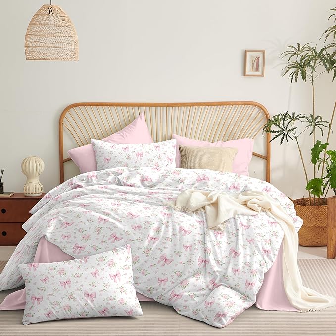 Nayoroom Pink Bow Comforter Set Queen Size White Green Leaf Floral Comforter 3 Pieces Girls Soft Lightweight Cute Coquette Bedding Set for All Seasons