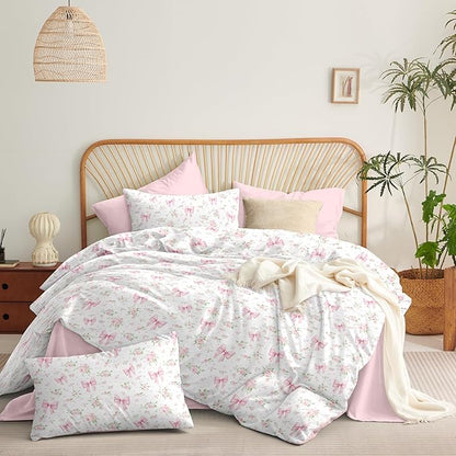 Nayoroom Pink Bow Comforter Set Queen Size White Green Leaf Floral Comforter 3 Pieces Girls Soft Lightweight Cute Coquette Bedding Set for All Seasons