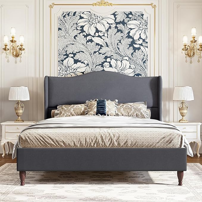 koorlian King Size Upholstered Bed Frame with 51'' Tall Headboard, Grey | Reinforced Platform Bed, Easy Assembly, Soft Fabric, Sleigh Wingback, Solid Wood Retro Legs, Noise-Free, Classic & Simple