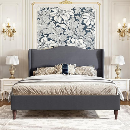 koorlian King Size Upholstered Bed Frame with 51'' Tall Headboard, Grey | Reinforced Platform Bed, Easy Assembly, Soft Fabric, Sleigh Wingback, Solid Wood Retro Legs, Noise-Free, Classic & Simple