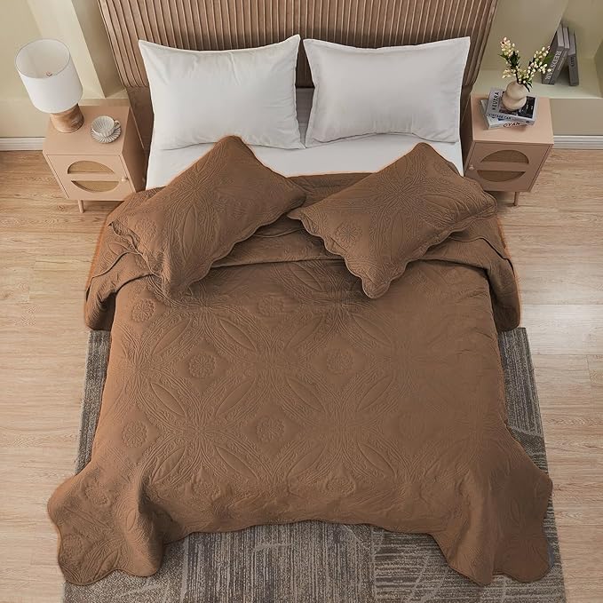 Kingnex Oversized King Bedspreads 128x120 for Extra Wide Tall King or Cal King Bed Ultrasonic Quilted Coverlet Set 3 Piece Include 1 Quilt 2 Pillowcases Coffee