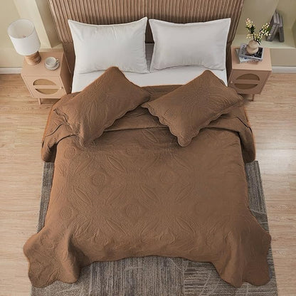 Kingnex Oversized King Bedspreads 128x120 for Extra Wide Tall King or Cal King Bed Ultrasonic Quilted Coverlet Set 3 Piece Include 1 Quilt 2 Pillowcases Coffee
