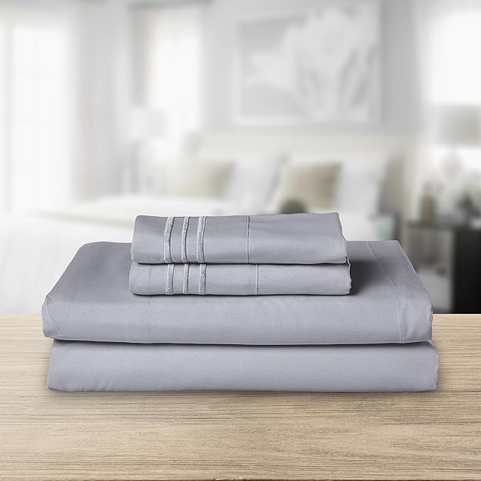 Elegant Comfort Luxurious 1500 Premium Hotel Quality Microfiber Three Line Embroidered Softest 4-Piece Bed Sheet Set, Wrinkle and Fade Resistant, Twin/Twin XL, Silver Grey