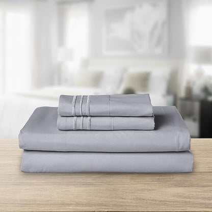 Elegant Comfort Luxurious 1500 Premium Hotel Quality Microfiber Three Line Embroidered Softest 4-Piece Bed Sheet Set, Wrinkle and Fade Resistant, Queen, Silver-Light Grey