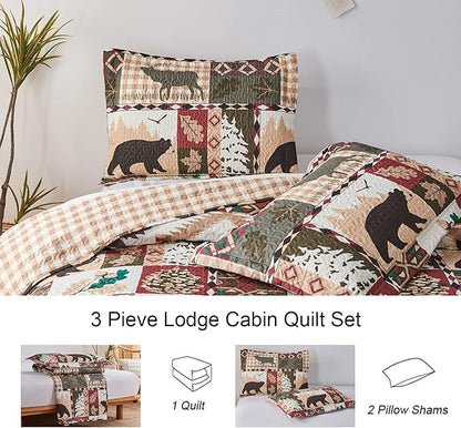 Rustic Lodge Quilt Set King Size Country Cabin Bedspread Coverlet King Moose Bear Reversible Patchwork Quilts Bedding Soft Lightweight Coverlets Forest Bear Farmhouse Bed Cover Sets with 2 Pillow Sham