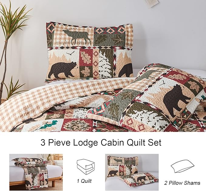 Rustic Lodge Quilt Set Full/Queen Size Country Cabin Bedspread Coverlet Queen Moose Bear Patchwork Reversible Quilts Bedding Soft Lightweight Coverlets Forest Bear Bed Cover Sets with 2 Pillow Sham