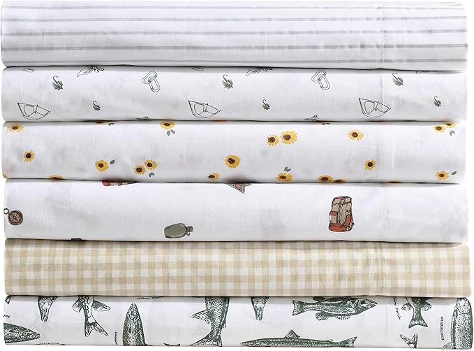 Eddie Bauer - Sheet Set, Luxurious Cotton Percale Bedding with Matching Pillowcases, Crisp & Cool, Fully Elasticized (Arden Stripe Grey, King)