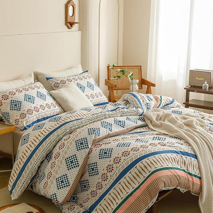 KAREVER Boho Comforter King Aztec Bedding Set Southwest Theme 3 PCs Bohemian Comforter Set Blue White King Size Comforter (104x90 Inches) with 2 Pillowcases (26x36 inches)