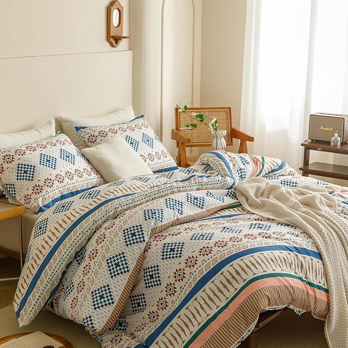 KAREVER Boho Comforter Twin Aztec Bedding Set Southwest Theme 3 PCs Bohemian Comforter Set Blue White Twin Size Comforter (68x90 Inches) with 2 Pillowcases (26x26 inches)