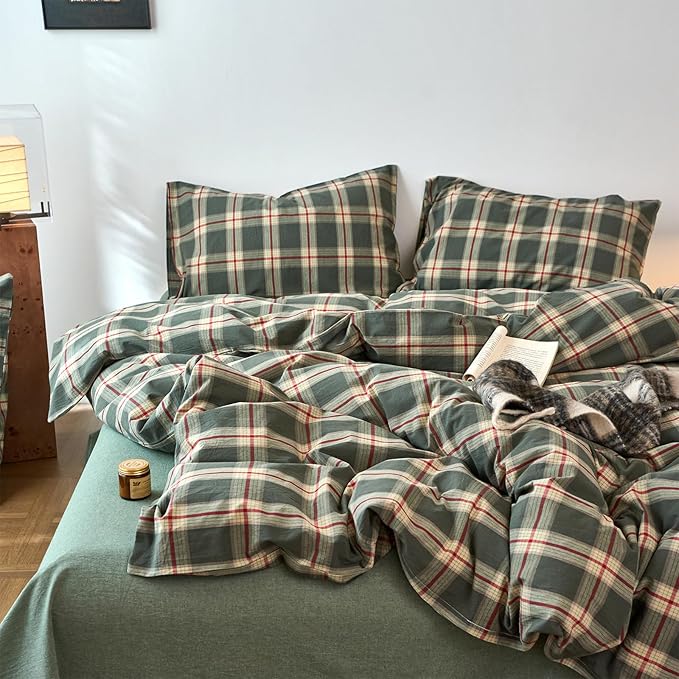 EAVD Vintage Green Buffalo Plaid Comforter Set King Soft 100% Washed Cotton Retro Green&Red Grid Checkered Bedding Set with 2 Pillowcases Farmhouse Gingham Comforter Set for All-Season