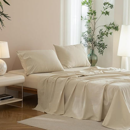 JIYUAN Twin Size Sheet Set, 3-Piece - 100% Washed Cotton, Linen-Like Soft & Breathable, Includes Deep Pocket Fitted & Flat Sheet with 1 Pillowcases, Hotel Quality, Heathered Beige