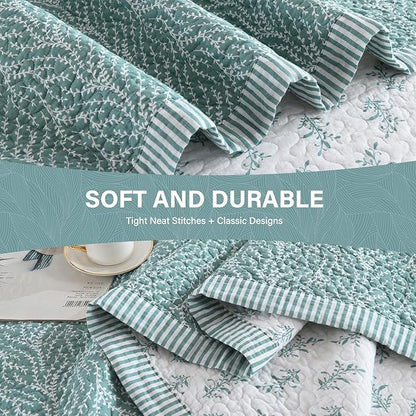 SahSahCasa Quilt Set Queen Size, 100% Cotton Quilt Bedding Set Bedspread, Botanical Pattern Solid Color Chic Lightweight Quilted Comforter for Queen Bed, White/Teal, All Season, 3PCs