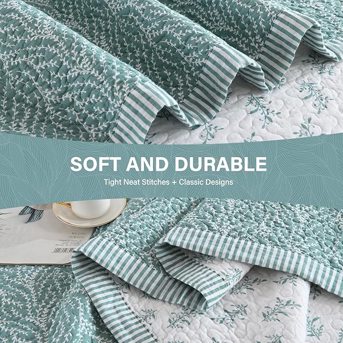 SahSahCasa Quilt Set King Size, 100% Cotton Quilt Bedding Set Bedspread, Botanical Pattern Solid Color Chic Lightweight Quilted Comforter for King Bed, White/Teal, All Season, 3 Pieces