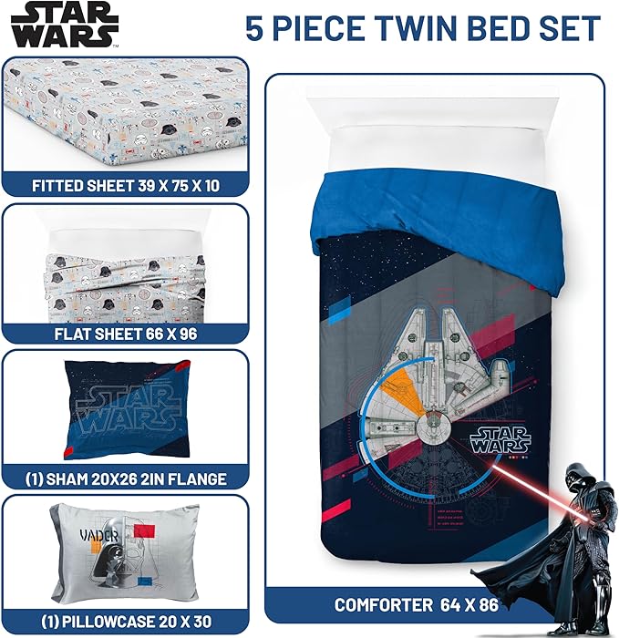 Jay Franco Kids Comforter Set Includes Sheets and Pillow Covers - Soft and Cozy Bed Set for Stylish Room Decor, Dark Blue - Star Wars, 5 Piece Twin Bedding