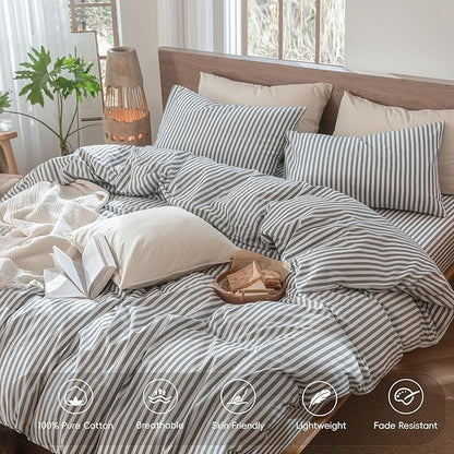 MooMee Striped Duvet Cover Set 100% Washed Cotton Linen Like Textured Breathable Durable Soft Comfy (Dark Grey White Classic Stripes, Twin 68"x90")
