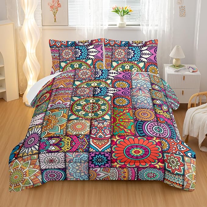 Colorful Bohemian Comforter Sets Queen Size,Geometry Bohemia Bedding Set for Your Room,Abstract Soft Lightweight Quilted Set All Season,1 Comforter and 2 Pillowcases