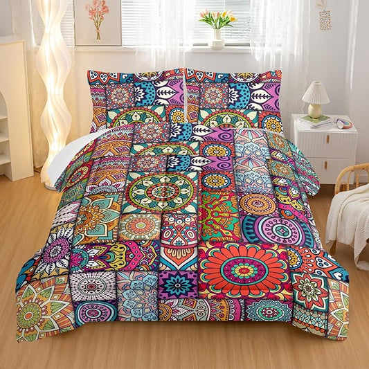 Colorful Bohemian Comforter Sets Full Size,Geometry Bohemia Bedding Set for Your Room,Abstract Soft Lightweight Quilted Set All Season,1 Comforter and 2 Pillowcases