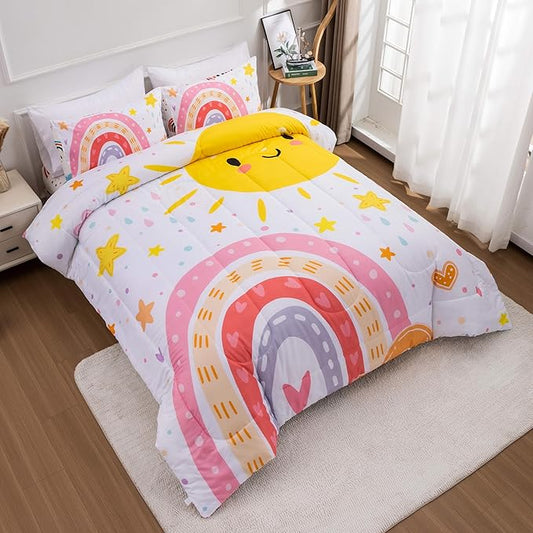 Btargot Lightweight Soft 3 Piece Rainbow Comforter Set with 2 Pillow Covers, Cartoon Love Hearts Flowers and Sun Star Bedding Set for Girls Boys Kids, Full Pink