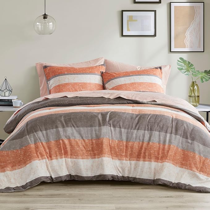 Madison Park Essentials Jaxon Twin Comforter Set, Bed in A Bag Comforter & Sheet Set, Modern Casual Stripes Print, All Seasons, Soft Bedding Makeover, Matching Sham, Twin Coral/Grey 5 Piece