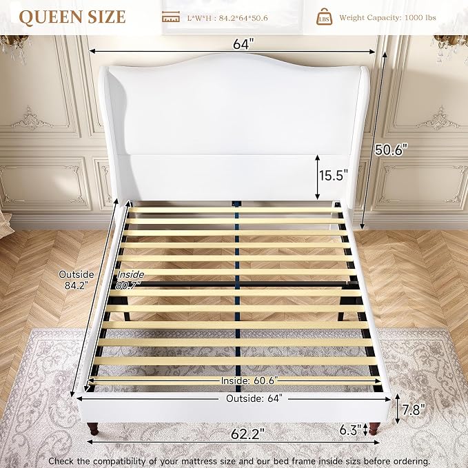 koorlian Queen Size Upholstered Bed Frame with 51'' Tall Headboard, White | Reinforced Platform Bed, Easy Assembly, Soft Fabric, Sleigh Wingback, Solid Wood Retro Legs, Noise-Free, Classic & Simple