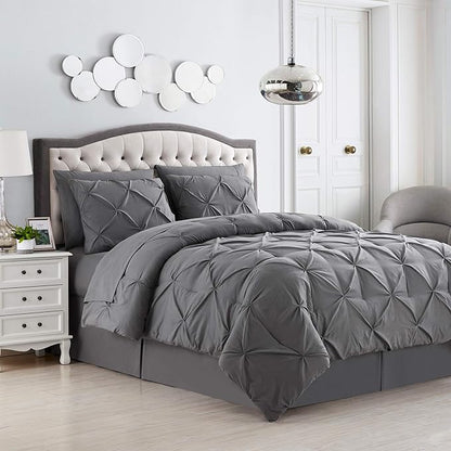King Size Comforter Set 8 Piece Bed in a Bag with Bed Skirt, Fitted Sheet, Flat Sheet, 2 Pillowcases, 2 Pillow Shams, King, Pintuck Gray