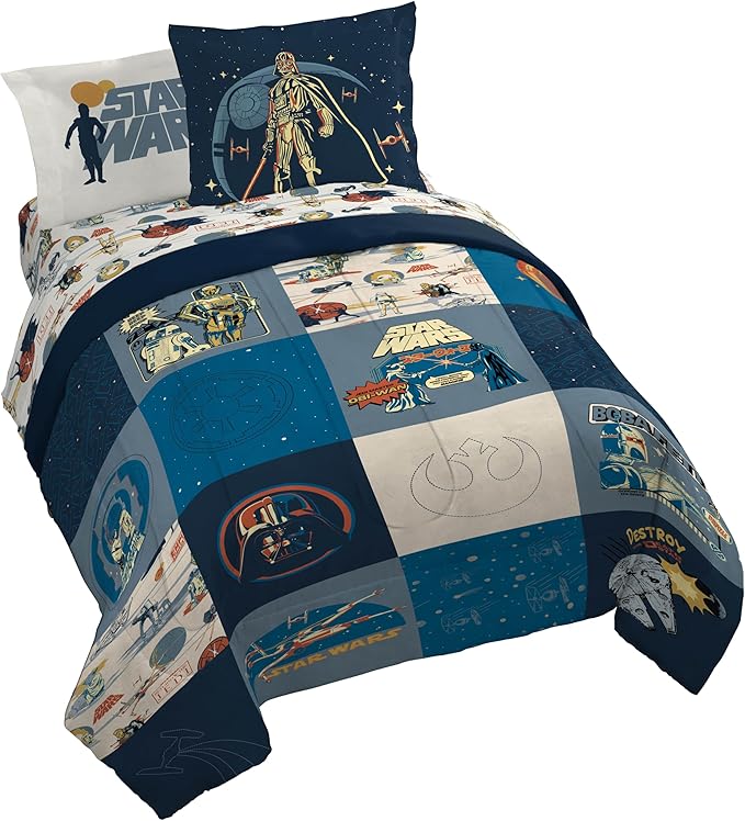 Jay Franco Kids Comforter Set Includes Sheets and Pillow Covers - Soft and Cozy Bed Set for Stylish Room Decor, Blue - Star Wars 01, 7 Piece Queen Bedding