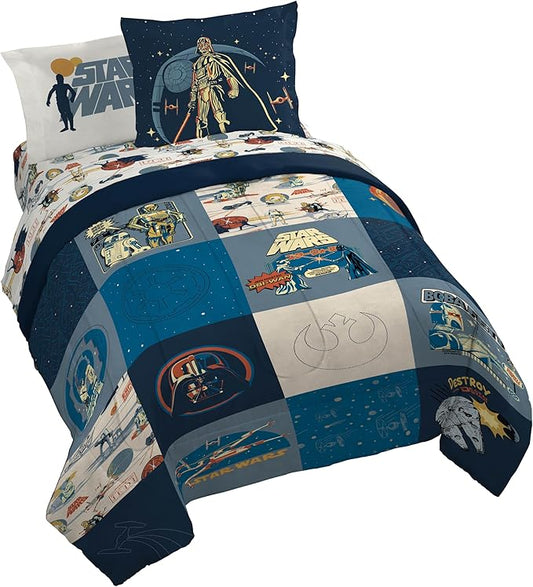 Jay Franco Kids Comforter Set Includes Sheets and Pillow Covers - Soft and Cozy Bed Set for Stylish Room Decor, Blue - Star Wars 01, 7 Piece Queen Bedding