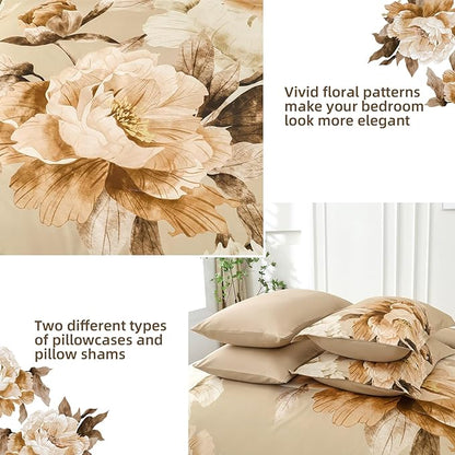 Dobuyly Full Size Comforter Set 7 Piece Bed in a Bag Full, Taupe Floral Printed on Khaki Fall Comforter Set with Sheets, Soft Microfiber Farmhouse Complete Bedding Set for All Season