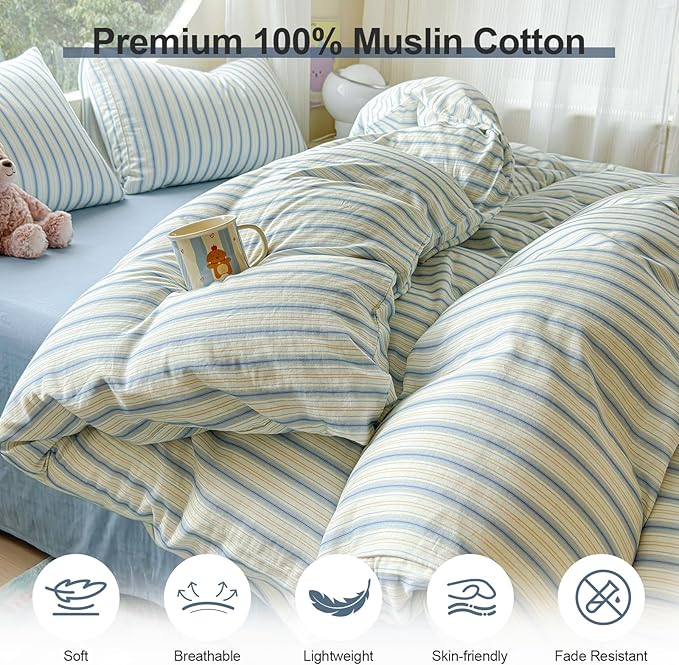 EAVD Vintage Striped Duvet Cover King Soft 100% Muslin Cotton Linen Feel Gauze Farmhouse Blue Vertical Striped Pattern Bedding Set for Men Women Reversible Geometric Duvet Cover with Zipper Closure