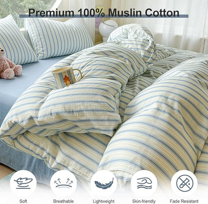 EAVD Vintage Striped Duvet Cover Queen Soft 100% Muslin Cotton Linen Feel Gauze Farmhouse Blue Vertical Striped Pattern Bedding Set for Men Women Reversible Geometric Duvet Cover with Zipper Closure