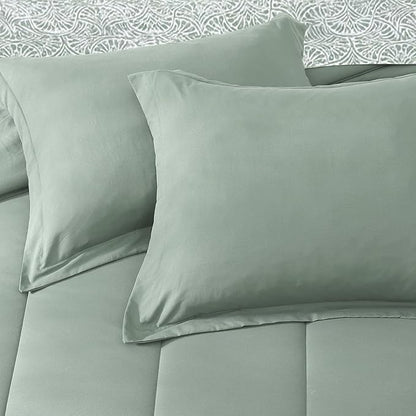 Monbix King Size Comforter Set - 7 Pieces Bed in a Bag King, Sage Green Track Stitching Bedding Sets, All Seasons Bed Set with Sheets, Pillowcases & Shams