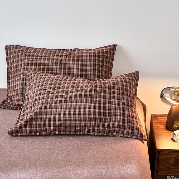 Plaid Duvet Covers Queen Red Brown Washed Cotton Comforters Cover Queen Size Vintage Pattern Farmhouse Zipper Duvet Cover Set with 2 Pillow Cases Boho Cute Bedding Set Checkered Duvet Protector