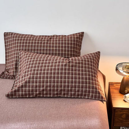 Plaid Duvet Covers Queen Red Brown Washed Cotton Comforters Cover Queen Size Vintage Pattern Farmhouse Zipper Duvet Cover Set with 2 Pillow Cases Boho Cute Bedding Set Checkered Duvet Protector