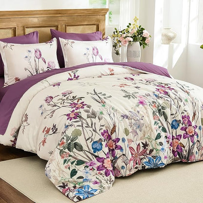 WONGS BEDDING King Comforter Set 7 Piece, Purple Floral Bed in a Bag Bedding Set with Botanical Flowers Patterns, Soft Lightweight Complete Comforters with Sheets for All Season
