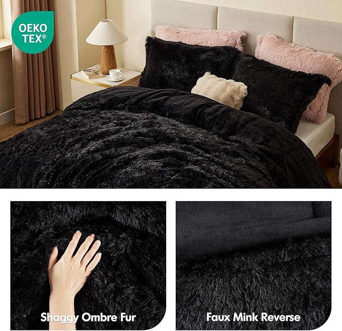 Intelligent Design Malea Shaggy Comforter Set, Long Faux Fur Cozy Down Alternative, Modern Casual Ultra Soft All Season Fluffy Bedding with Matching Sham, Full/Queen, Black 3 Piece