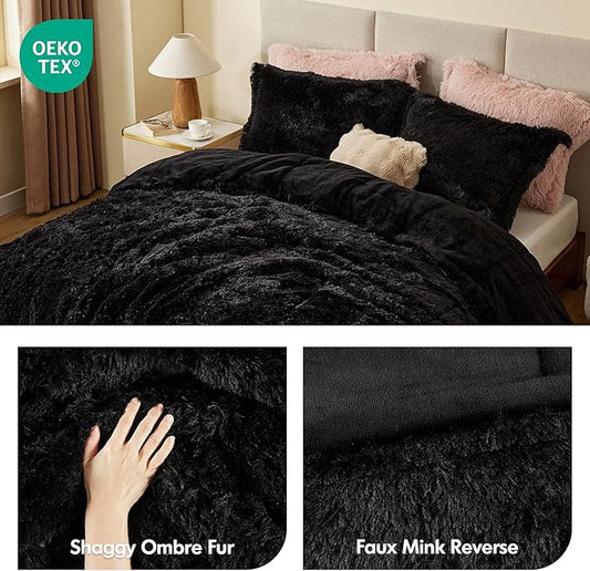 Intelligent Design Malea Shaggy Comforter Set, Long Faux Fur Cozy Down Alternative, Modern Casual Ultra Soft All Season Fluffy Bedding with Matching Sham, King/Cal King, Black 3 Piece