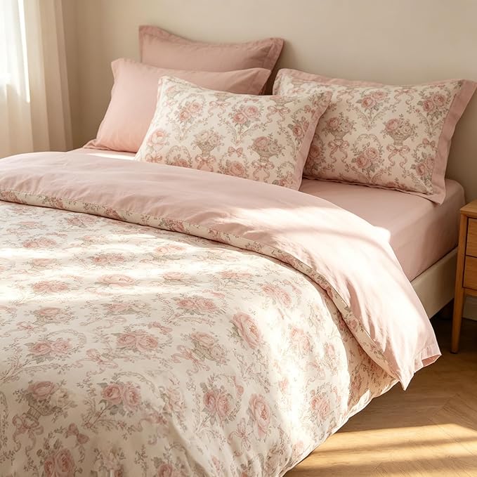 Coquette Cottagecore Comforter Set King Size, 3Pcs Shabby Chic Flower Bedding for Women Teen Girls, French Country Style Quilted Comforter with 2 Pillowcases, 90"x90"