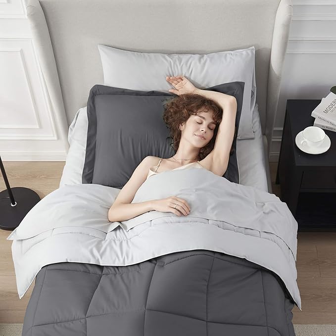 Nestl 5 Piece Twin Comforter Set – Dark Grey Reversible Bed in a Bag – Complete Twin Size Bedding Set with Sheets, Pillowcase and Sham