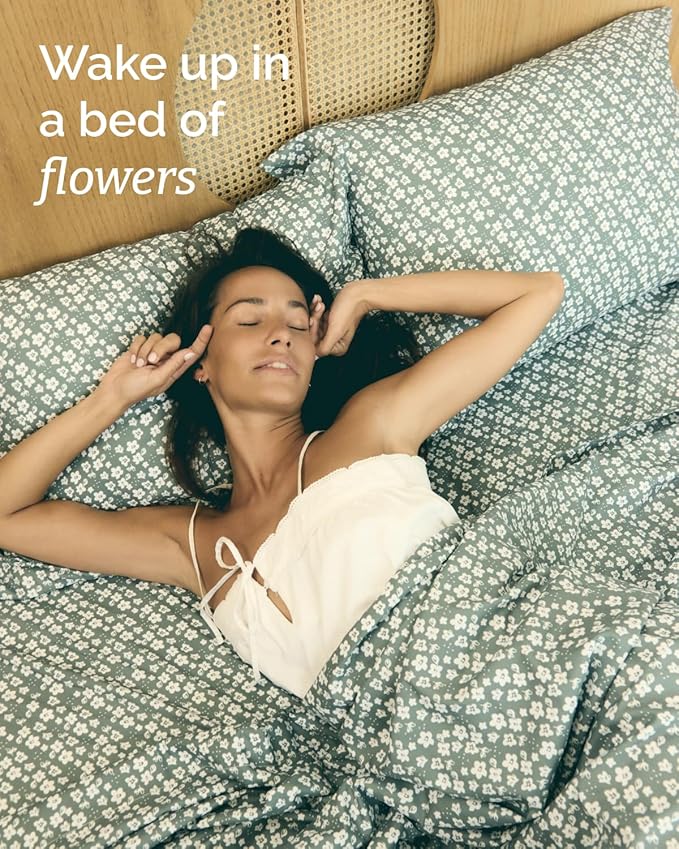 Floral Sheets - Green Floral Bed Sheet Set - 1 Flat, 1 Fitted & 2 Pillowcases w/ Deep Pockets - Comfy, Wrinkle & Fade Free - Boho Botanical Bedding - Ultra-Soft, Breathable & Cooling - King Size Set