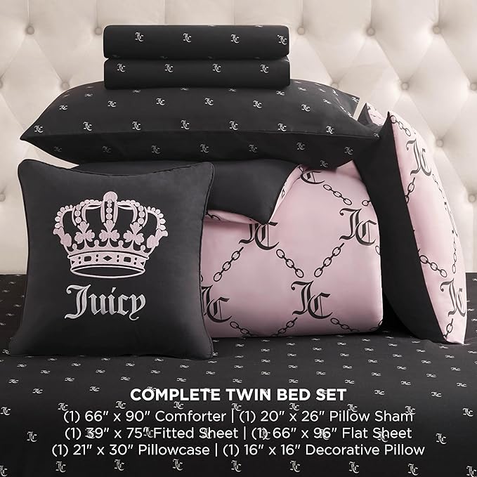 Juicy Couture Light Pink/Black Link Logo Printed Comforter Set, Twin – Complete 6-Piece Bed in a Bag Collection