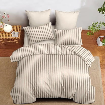 Nayoroom Striped Comforter Set Queen Size Brown Stripe Comforter 3 Pieces Girls Soft Lightweight Pinstripe Dorm Bedding Set for All Seasons (Tannish Linen Grey Brown Stripes)