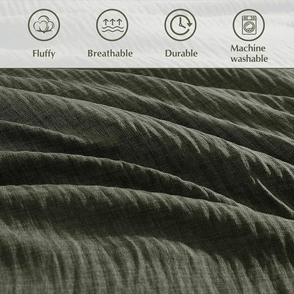 Geniospin Dark Olive Green Full Comforter Set - 7 Pieces Comforter Full Size, Solid Bedding Set for All Season, Textured Bed in a Bag with Sheets