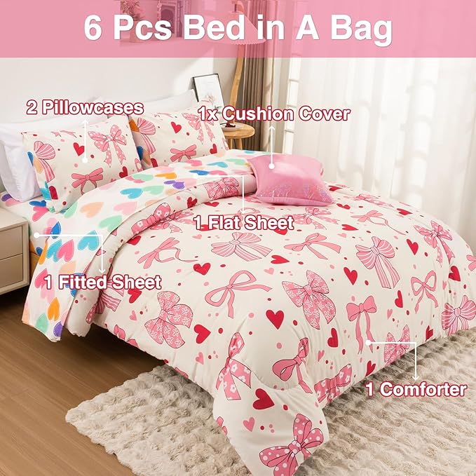 A Nice Night Lightweight Soft 6 Piece Bowknot Comforter Set Queen Size Bed in a Bag,Cartoon Love Hearts &Bow & Polka Dot Design Bedding Set for Girls Kids
