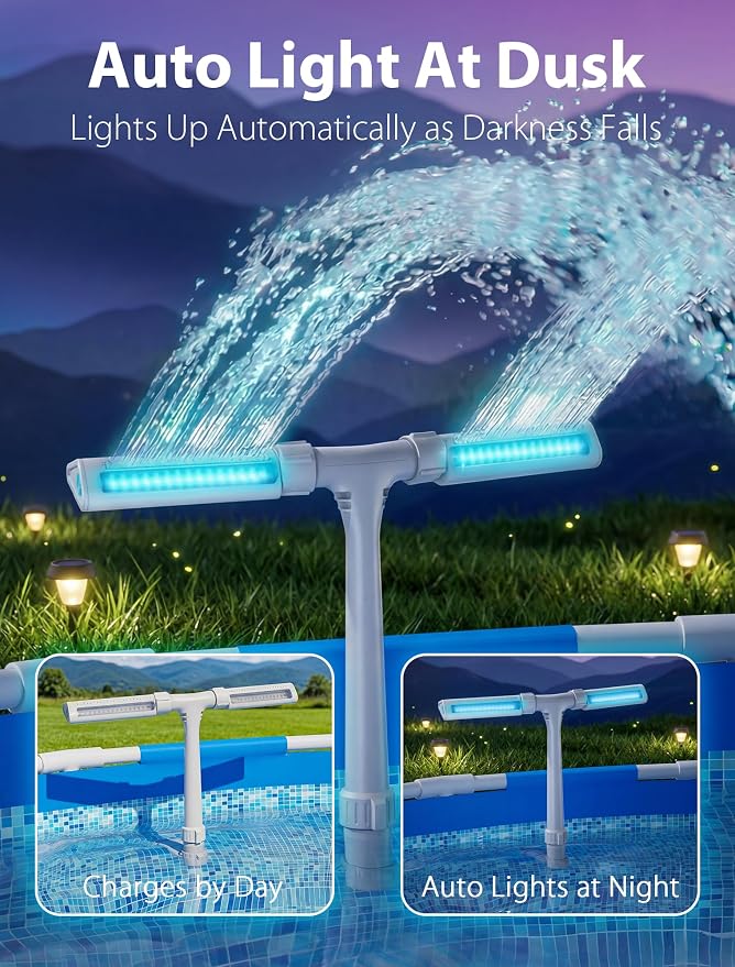 POOLHOUR 2026 Upgrade Height Solar Pool Fountain with 10-Color 4-Mode LED Lights, Auto Light-Sensing Pool Sprinkler Fountain for Above/Inground Pools, 360° Adjustable Spray for 8-16°F Cooling (Gray) | Auto Light-Sensing Pool Sprinkler Fountain with 4 L...