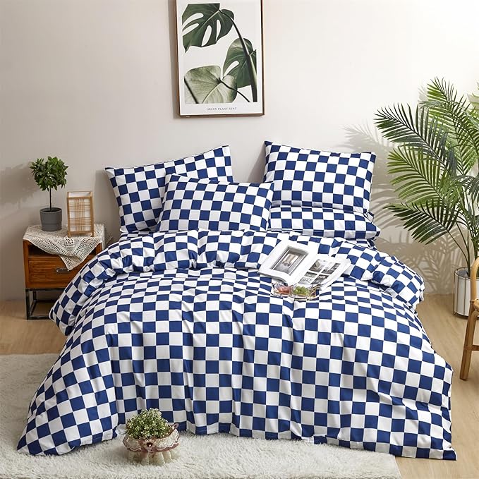 CLOTHKNOW Blue White Plaid Comforter Set Twin/Twin XL Grid Bedding Comforter Sets Royal Blue White Bed Comforter Blue Bedding Sets Soft